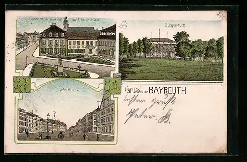 Lithographie Bayreuth, Marktplatz, Bürgerreith, Friedrichstrasse und Jean Paul-Denkmal