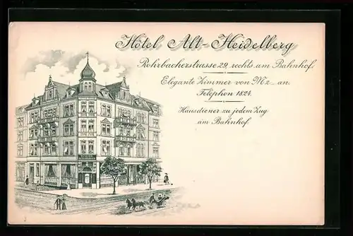 Lithographie Heidelberg, Hotel Alt-Heidelberg in der Rohrbacherstrasse 29