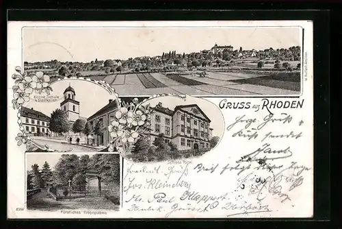 Lithographie Rhoden, Schloss Portal, Kirche, Schule, Stadtkeller, Fürstliches Erbbegräbnis