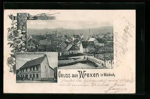 AK Wrexen i. Waldeck, Gasthof August Borghaus, Ortsansicht