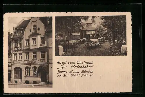 AK Blume-Hann. Münden, Gasthaus zur Hafenbahn mit Terrasse