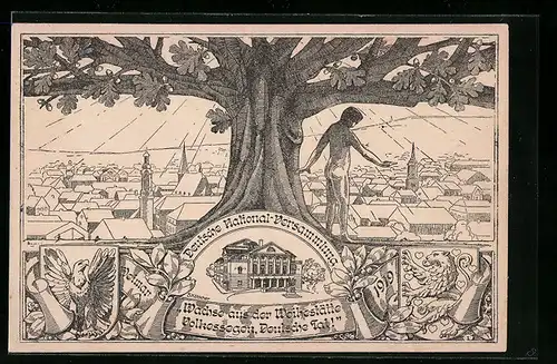 Künstler-AK Weimar, Deutsche National-Versammlung 1919, Akt unter Eiche mit Stadt-Panorama