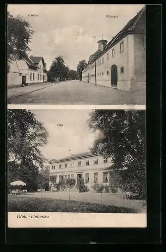 AK Klein-Liebenau, Strassenpartie mit Gasthof und Rittergut, Villa