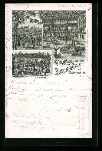 Lithographie Schönebeck a. d. E., Gasthof Buschhaus von J. Peinert