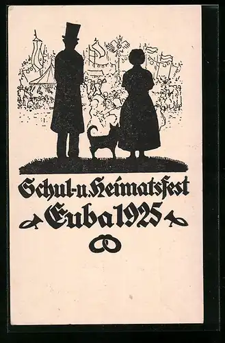 Künstler-AK Euba, Schul- und Heimatfest 1925, Paar beobachtet das bunte Treiben, Festpostkarte