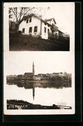 AK Vilshofen, Gebäudeansicht, Uferpartie mit Kirche
