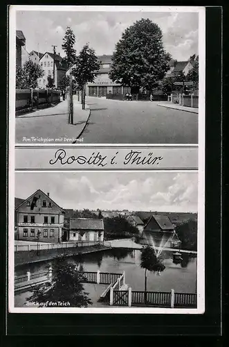 AK Rositz i. Thür., Strasse am Teichplan mit Feuerwehr und Denkmal, Blick auf den Teich