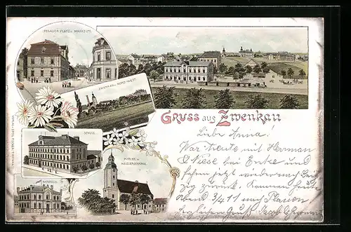 Lithographie Zwenkau, Pegauer Platz mit Marktstrasse, Schule, Kirche m. Kriegerdenkmal