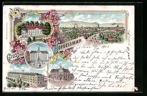 Lithographie Hofgeismar, Prediger-Seminar, Caserne, Postamt