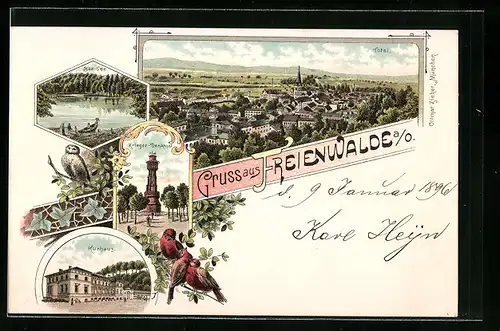 Lithographie Freienwalde a. O., Kurhaus, Krieger-Denkmal, Baa-See