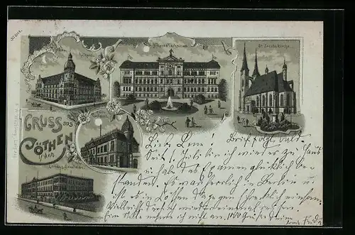 Mondschein-Lithographie Cöthen i. Anh., Landes-Seminar, Höheres Technicum, Rathaus