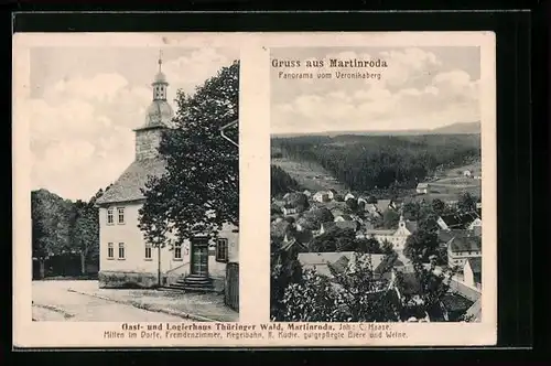 AK Martinroda /Th., Gast- und Logierhaus Thüringer Wald C. Haase mit Kirchturm, Panorama vom Veronikaberg