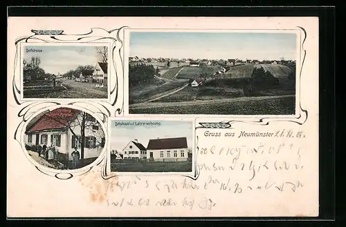 Passepartout-AK Neumünster, Handlung J. Micheler, Dorfstrasse, Schule mit Lehrerwohnug, Panorama des Ortes