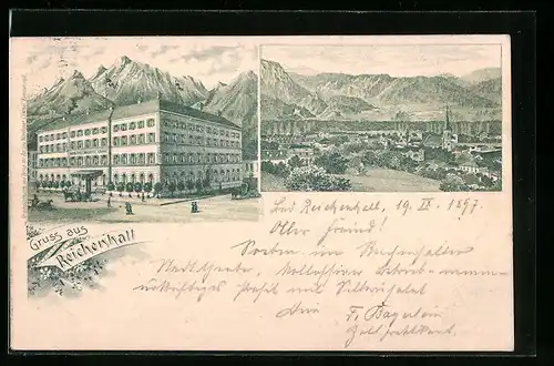 Lithographie Reichenhall, Hotel Goldene Krone, Ortsansicht mit Bergpanorama