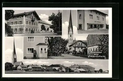 AK Emertsham, Geschäft P. Kollenheuser, Strassenpartie mit Tankstelle und Kircghe, Panorama des Ortes