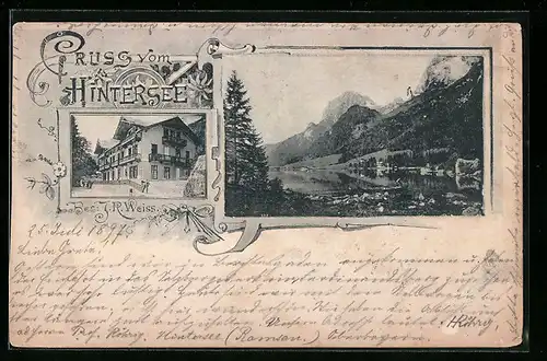 Passepartout-AK Hintersee, Gasthaus Hintersee J. R. Weiss, Ortsansicht mit Bergen