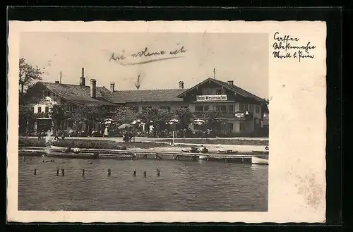 AK Stock bei Prien, Hotel-Restaurant-Cafe Westernacher mit Garten und Bootssteg
