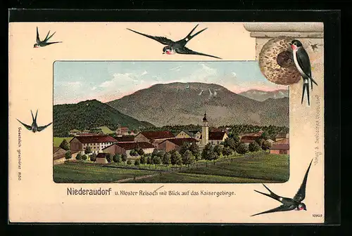 Präge-Lithographie Niederaudorf, Ortsansicht mit Kloster Reisach und Kaisergebirge, Schwalben