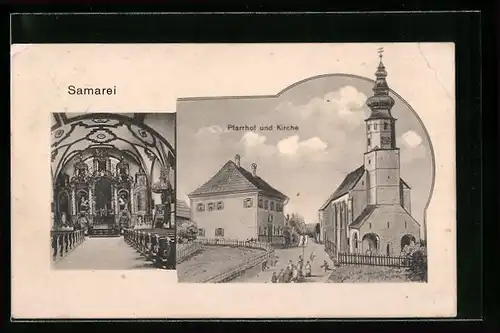 Künstler-AK sign. Hans Pernat: Samarei, Pfarrhof und Kirche, Inneres der Kirche