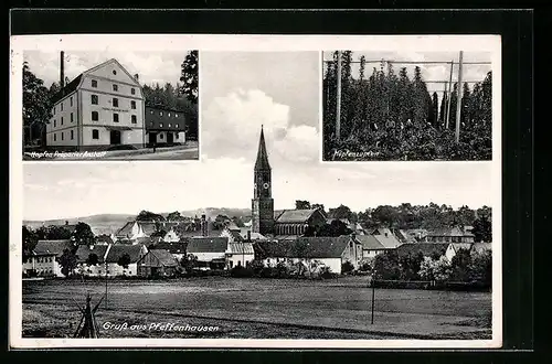 AK Pfeffenhausen, Hopfen Präparier Anstalt, Hopfenzupfen, Ortsansicht