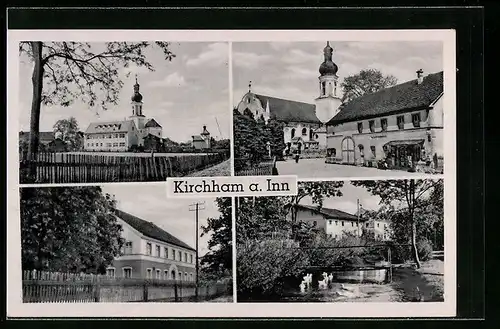 AK Kirchham /Inn, Gewässerpartie mit Brücke, Kirche, Kaufhaus Milcher