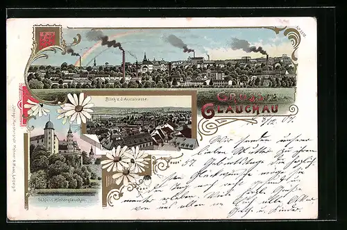 Lithographie Glauchau, Schloss Hinterglauchau, Ortsansicht