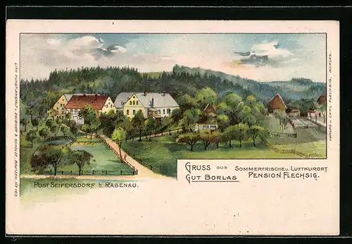 Lithographie Seifersdorf bei Rabenau, Luftkurort Gut Borlas / Pension Flechsig mit Umgebung