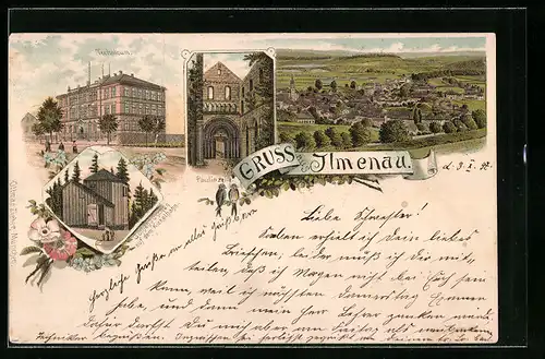 Lithographie Ilmenau, Technicum, Goethehäuschen auf dem Kickelhahn, Gesamtansicht