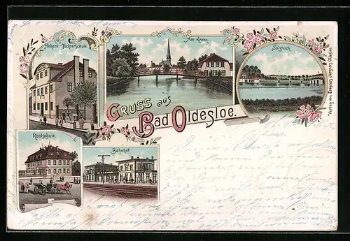 Lithographie Bad Oldesloe, Bahnhof, Salzteich, Höhere Töchterschule, Realschule