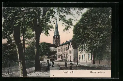 AK Buxtehude, Harburgerstrasse mit Kirche und Kindergruppe