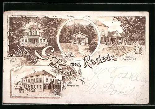 Lithographie Rastede, Grossherzogl. Palais und Hotel Rasteder-Hof