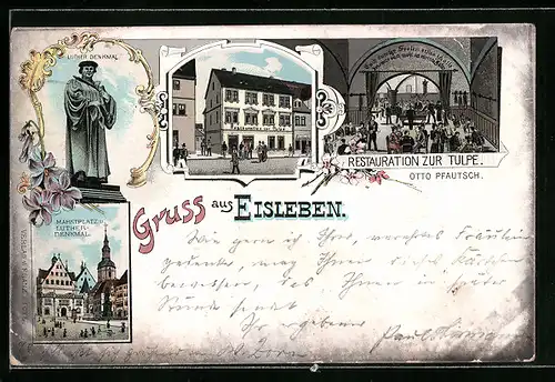 Lithographie Eisleben, Restaurant zur Tulpe, Marktplatz mit Lutherdenkmal
