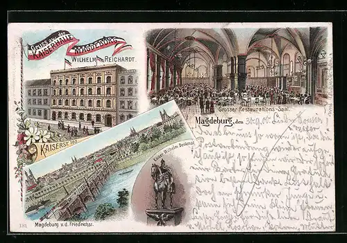 Lithographie Magdeburg, Restaurant Kaiserhalle, Kaiser-Wilhelm-Denkmal, Gesamtansicht