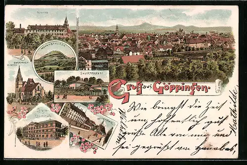Lithographie Göppingen, Sauerbrunnen, Latein & Realschule, Schloss