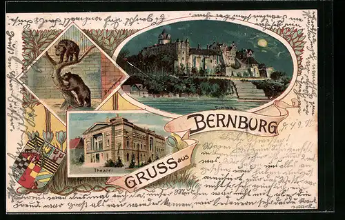 Lithographie Bernburg, Schloss mit Bärenzwinger u. Wappen