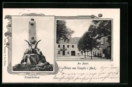 AK Teupitz i. Mark, Partie am Markt u. Kriegerdenkmal