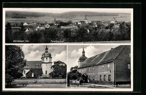 AK Essleben /Thr., Totalansicht mit Kriegerdenkmal und Gasthaus zur grünen Linde, Bes. A. Brauner