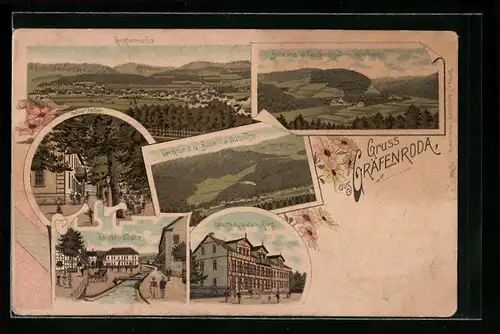 Lithographie Gräfenroda, Totalansicht, Lindenplatz, Gasthaus zum Ried