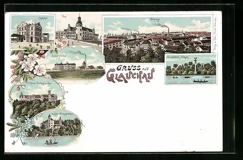 Lithographie Glauchau, Schlachtviehhof, Schloss Hinterglauchau, Bahnhof