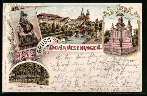 Lithographie Donaueschingen, Donauquelle, Krieger-Denkmal, Ortspartie