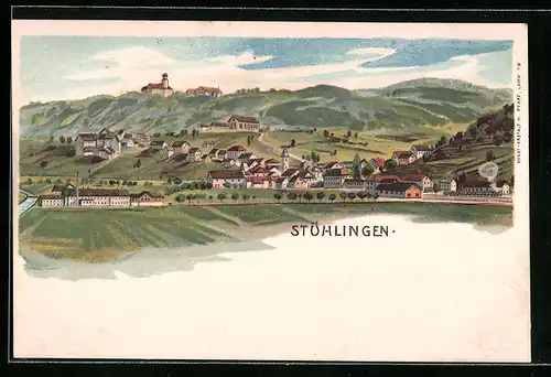 Lithographie Stühlingen, Blick auf den Ort