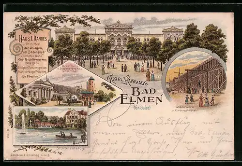 Lithographie Bad Elmen, Blick auf Hotel Kurhaus, Schwanenteich und Gradirwerk