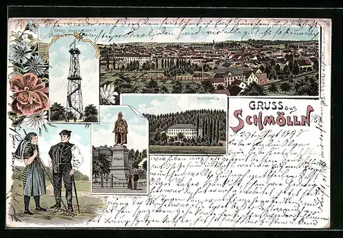Lithographie Schmölln i. S.-A., mit Ernst Agnes Turm, Schiesshaus und Bauern in Tracht