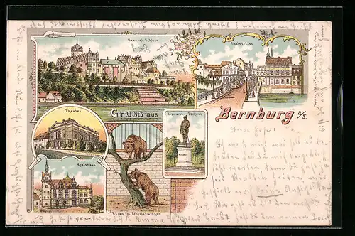 Lithographie Bernburg i. S., Bären im Schlosszwinger, Saalebrücke u. Herzogl. Schloss
