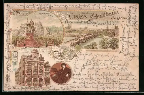 Lithographie Magdeburg, Kaiser-Wilhelms-Platz und Brauerei Zum Schultheiss, Breiteweg 29