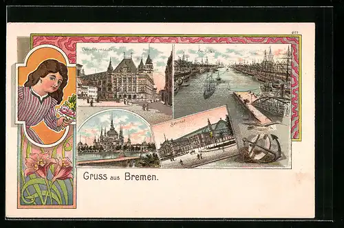 Lithographie Bremen, Bahnhof, Hafenpartie und Gerichtsgebäude, Anker