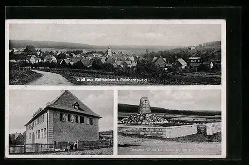 AK Gottsbüren i. Reinhardswald, Ortsansicht u. Denkmal für die Gefallenen im Dritten Reich