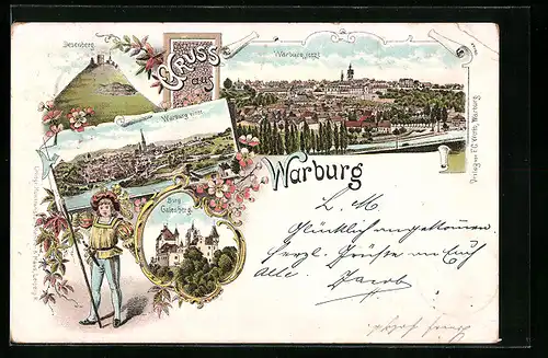Lithographie Warburg, Totalansicht m. Desenberg u. Burg Galenberg