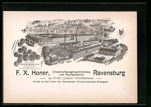 Lithographie Ravensburg, Reklame für F. X. Honer, Grosswerkzeugmaschinenbau u. Eisengiesserei