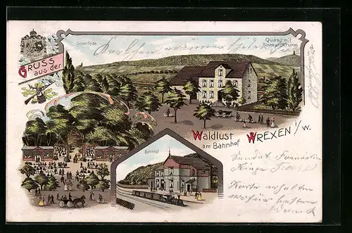 Lithographie Wrexen i. W., Gasthaus Waldlust am Bahnhof, Bahnhof mit Zug